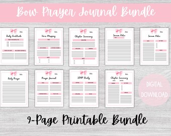 Pink Bow Prayer Journal Bundle, Bible Study Planner (Digital Download)