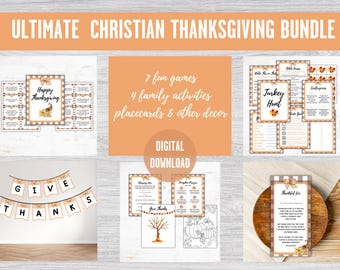 Può includere: Un pacchetto scaricabile digitalmente con giochi, attività e decorazioni a tema Ringraziamento. L'immagine include segnaposti, uno striscione con la scritta "Give Thanks" e biglietti con le scritte "Happy Thanksgiving" e "Turkey Hunt".