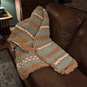 Fall Chunky Chenille Knit Blanket: Jumbo Throw, Olive, Butterscotch & Winter White