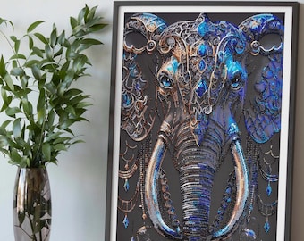 May include: A framed diamond painting of an elephant with blue and gold embellishments. The elephant's face is the focal point of the image, with its trunk and tusks visible. The background is a dark gray color.