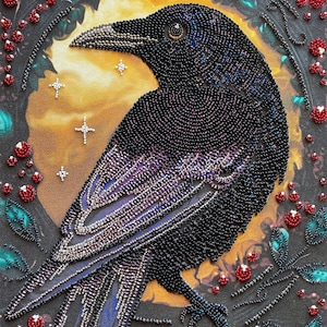 Bead Embroidery Kit Black Raven, Bird Embroidery, Needlepoint Kit