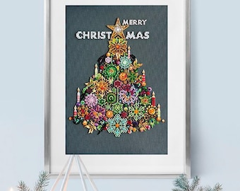 Bead Embroidery Kit Golden Lights, New Year&#39;s Tree, DIY Beaded Christmas Tree, Needlepoint Kit