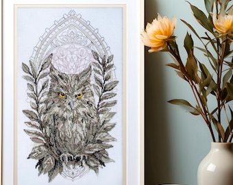 Kit de punto de cruz Búho gris, bordado de pájaro, kit de bordado