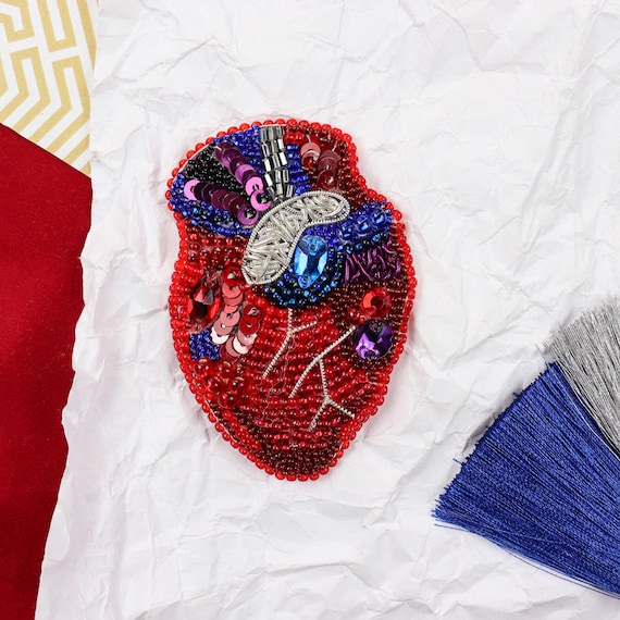 Bead Embroidery Kit Heart Brooch, DIY Beaded Anatomical Heart
