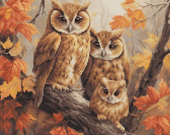 Kit de punto de cruz: Familia de búhos, bordado de pájaros, decoración otoñal DIY, búhos coloridos