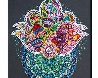 May include: A colorful diamond painting of a large, intricate floral design with a mandala pattern at the bottom. The design is made up of various colors, including pink, purple, blue, green, yellow, and red.