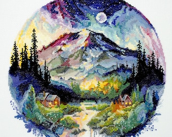Cross Stitch Kit Mountain Landscape, Mountain Embroidery, DIY Cozy Forest