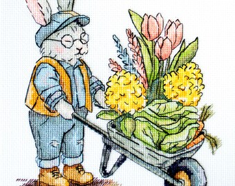 Cross Stitch Kit Harvest Day, Flowers Embroidery, Bunny Gardener, DIY Spring Decor, Bunny Embroidery