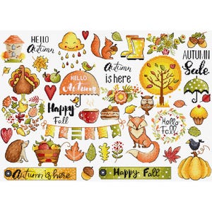 May include: A cross-stitch design with autumn motifs. It features a turkey, fox, squirrel, and owl, alongside leaves, pumpkins, and the text "Autumn Sale" and "Happy Fall". The design uses warm colours like orange, yellow, and brown.