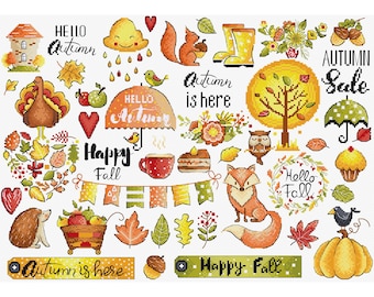 Cross Stitch Kit Autumn Sampler, Fall Needlework Kit, Thanksgiving Gift Idea, DIY Cozy Autumn Decor, Forest Animals Embroidery