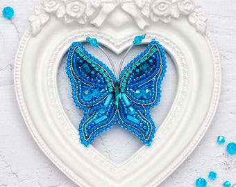 Bead Embroidery Kit Butterfly Brooch, Insect Embroidery, Beaded Brooch Kit, DIY Blue Butterfly