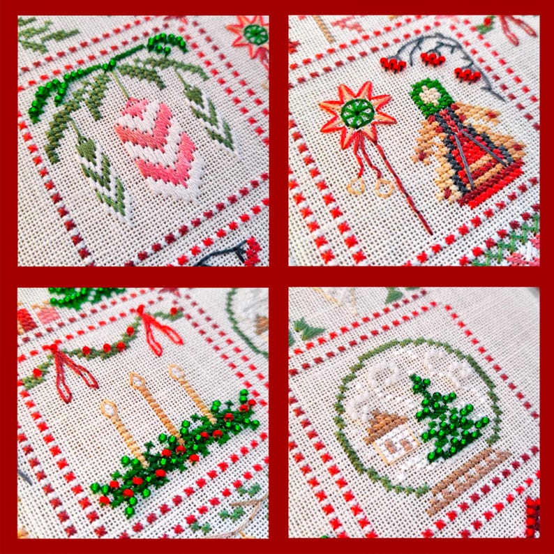 May include: A square, cross-stitched Christmas sampler with four distinct designs. Each square features a red border and a white background. The designs include a pink and white ornament, a star, a figure, and a Christmas tree.