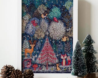 Kit de point de croix Forêt d'hiver, Sapin de Noël, Broderie d'animaux de la forêt