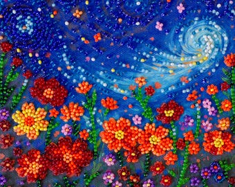 Bead Embroidery Kit Midsummer Night's Dream, Blooming Colorful Flowers, Starry Garden Embroidery, Starry Night Van Gogh’s, Floral Landscape