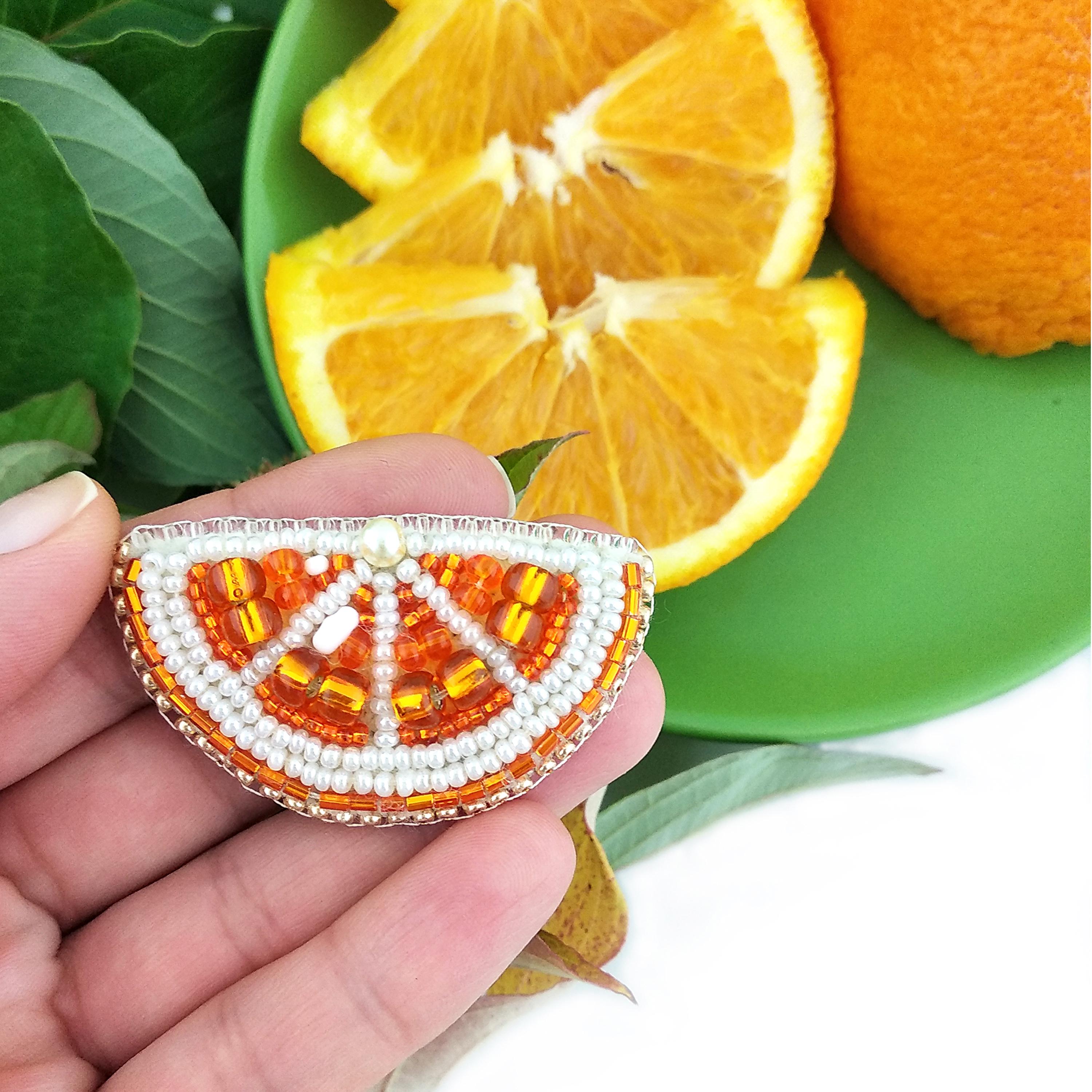ビーズ刺繍キット オレンジスライスブローチ、手作り柑橘類ジュエリー