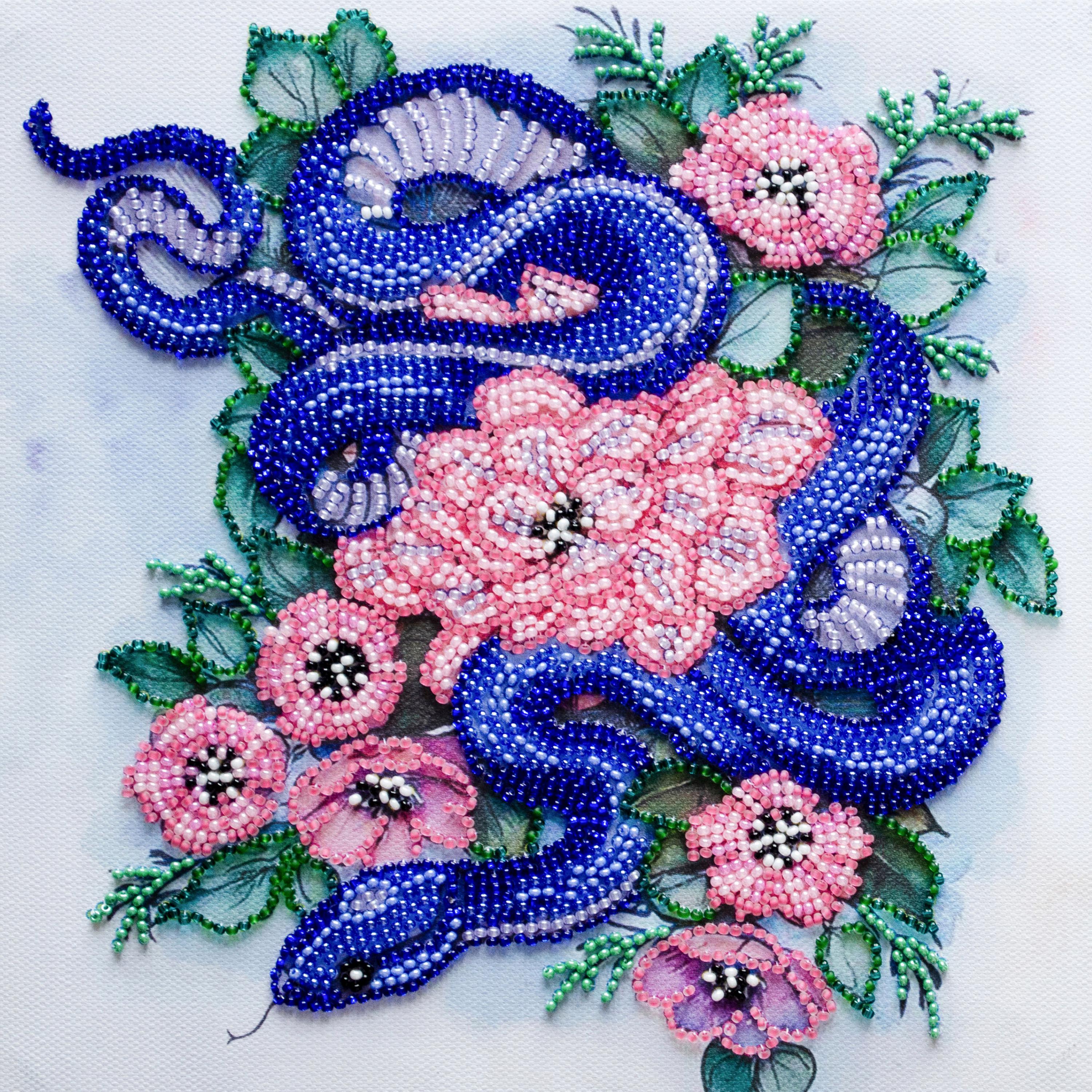 Bead Embroidery Kit Blue Snake, Flowers Embroidery, DIY Beaded