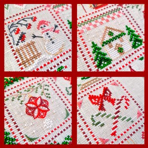 May include: A square, cross-stitched Christmas sampler with four panels. Each panel features a different holiday design: a snowman, a house with trees, a red ornament, and candy canes. The designs are framed with red and green borders.