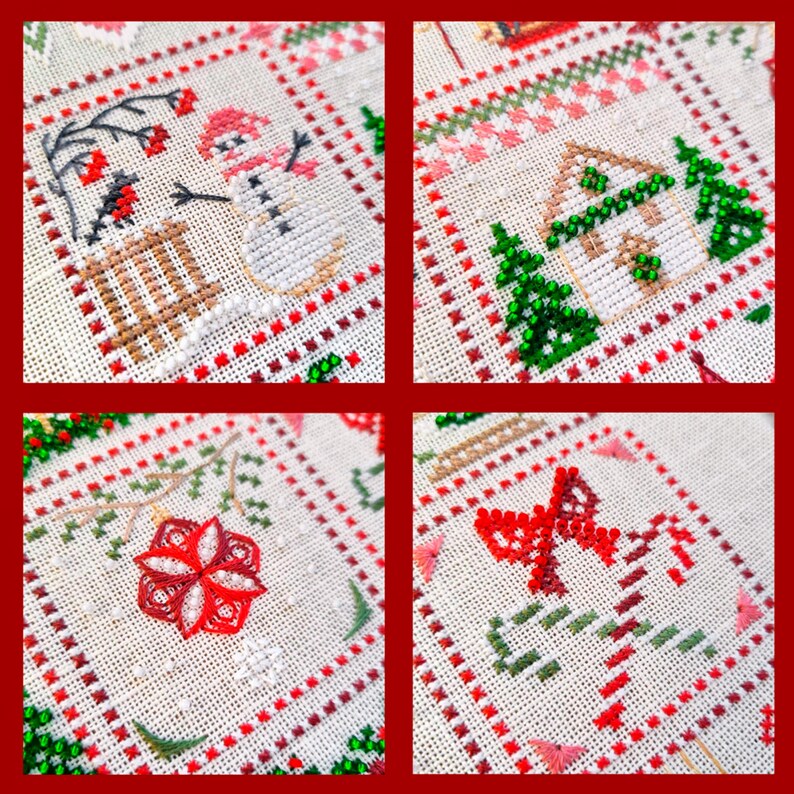 May include: A square, cross-stitched Christmas sampler with four panels. Each panel features a different holiday design: a snowman, a house with trees, a red ornament, and candy canes. The designs are framed with red and green borders.