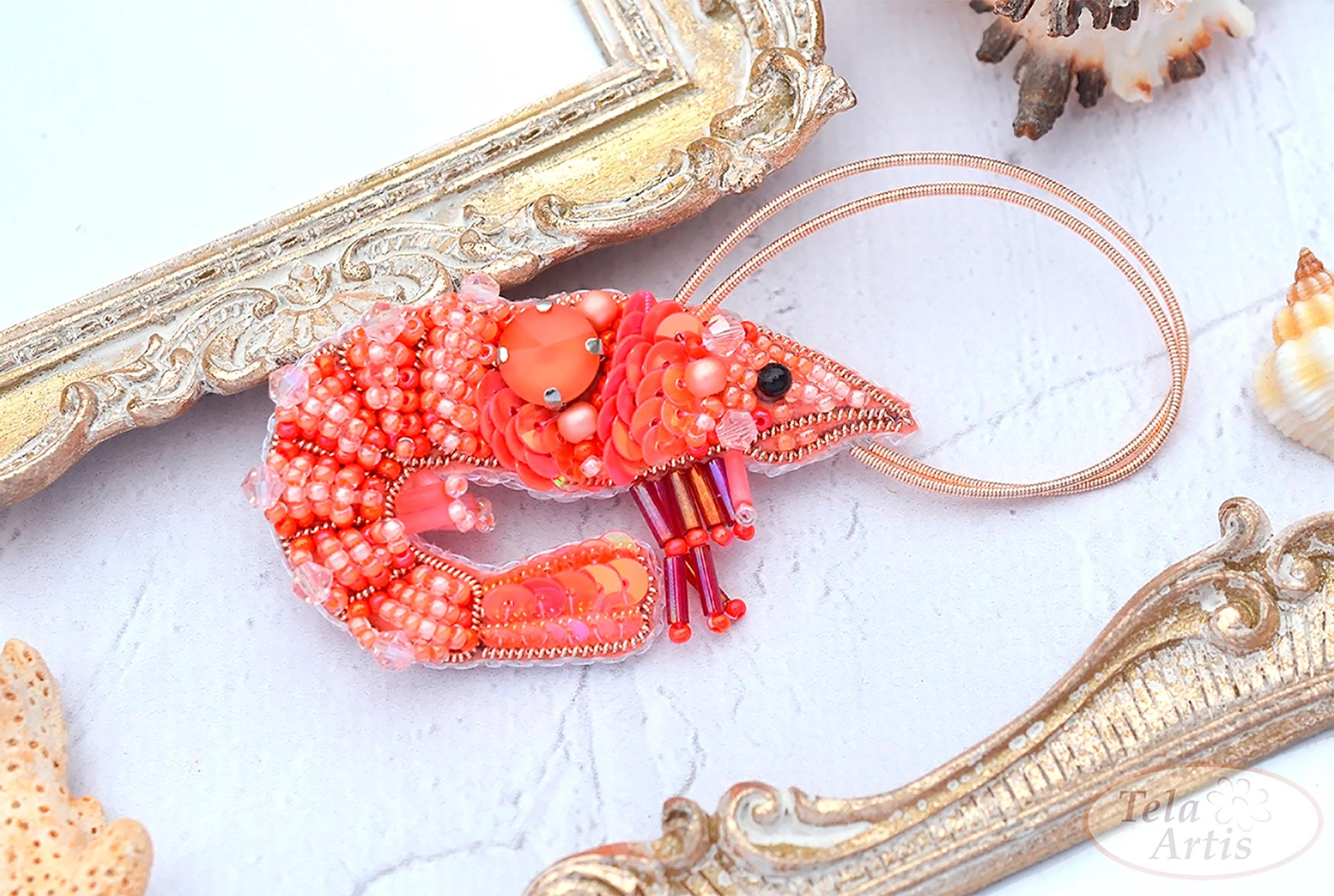 ビーズ刺繍キット エビのブローチ、エビの刺繍、DIYビーズエビ - Etsy 日本