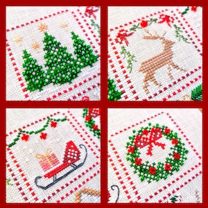 May include: A close-up of a Christmas-themed cross-stitch design. The design features four squares with festive images: Christmas trees, a reindeer, a sleigh with gifts, and a wreath. Each square is bordered with a red and white pattern.
