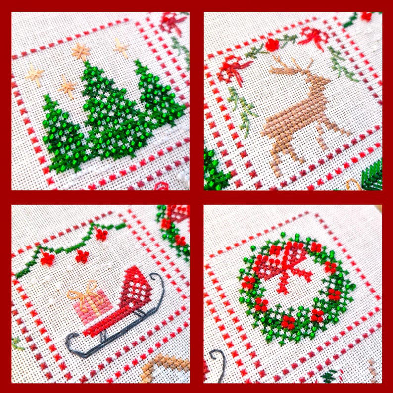 May include: A close-up of a Christmas-themed cross-stitch design. The design features four squares with festive images: Christmas trees, a reindeer, a sleigh with gifts, and a wreath. Each square is bordered with a red and white pattern.