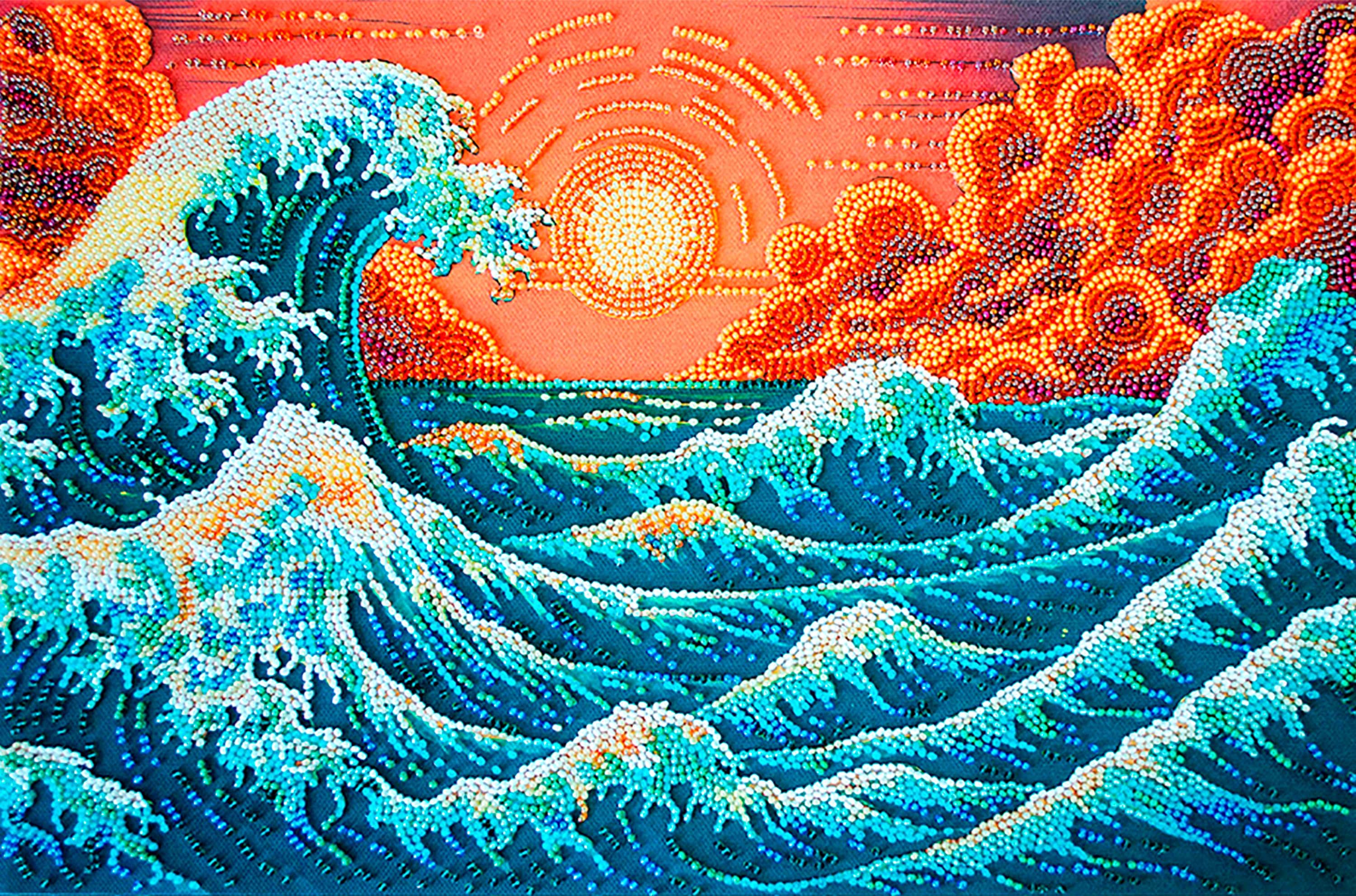 ビーズ刺繍キット 夕焼けの海の波、リラックスできる海辺の装飾