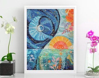 Cross Stitch Kit Spring Equinox, Moon And Sun Embroidery, Needlepoint Kit