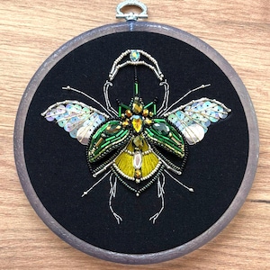 Bead Embroidery Kit Scarab Beetle, Beaded Emerald Bug, Insect Embroidery, DIY Wall Decor, Egyptian Beetle