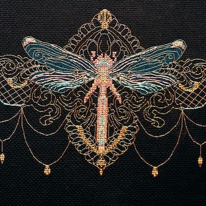 Cross Stitch Kit Golden Dragonfly, Insect Embroidery, DIY Dragonfly Embroidery