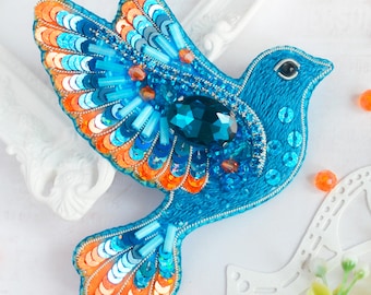 Bead Embroidery Kit Bird Brooch, Blue Bird Embroidery, DIY Beaded Brooch, Colorful Bird