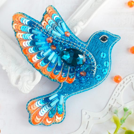 ビーズ刺繍キット 鳥のブローチ、青い鳥の刺繍、DIYビーズブローチ