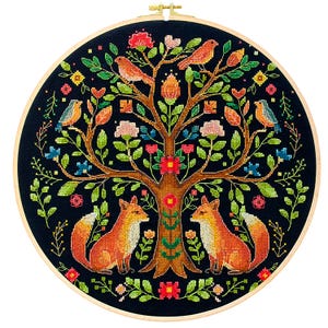 Cross Stitch Kit The Tree of Forest Tales, Birds Embroidery, Handmade Tree of Life, Woodland Scene, DIY Spring Decor