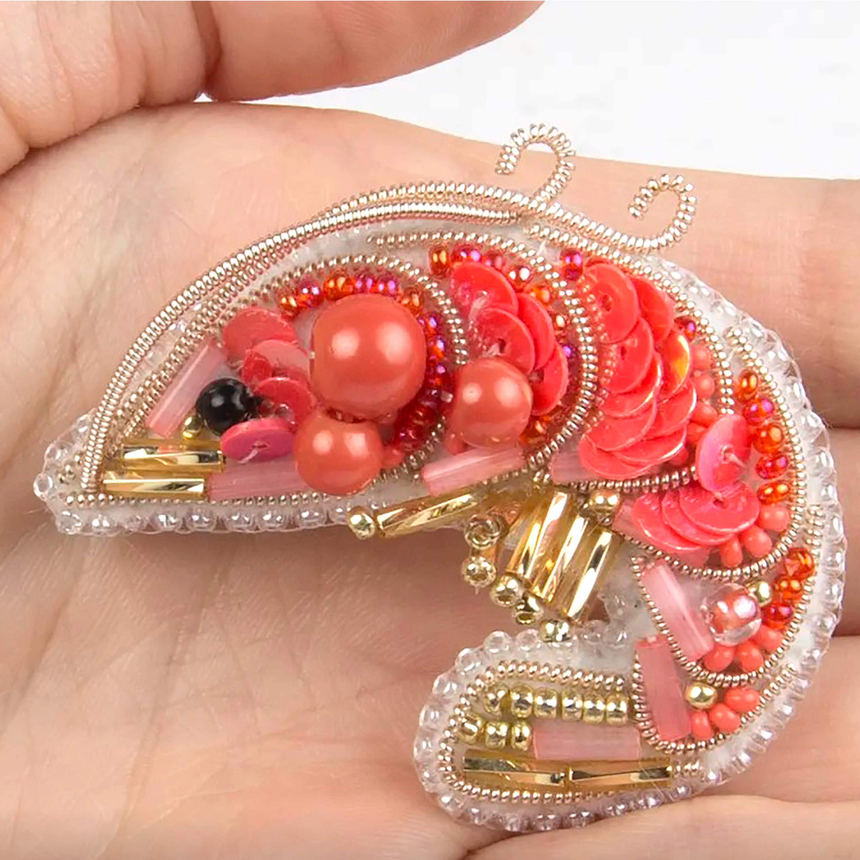 ビーズ刺繍キット エビのブローチ、ビーズ付きサンゴエビ、エビの刺繍