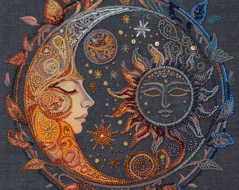Bead Embroidery Kit Moon And Sun, Moon Embroidery, DIY Beaded Moon And Sun