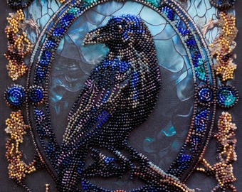 Perlenstickerei schwarzer Rabe, Vogel Stickerei, mystischer Rabe, Gothic Design