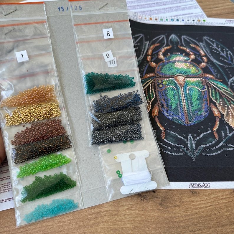 Peut inclure: Gros plan sur un kit de peinture diamant avec un motif de scarab&eacute;e vert. Le kit comprend 10 sachets de perles de diff&eacute;rentes couleurs, une bobine de fil et une toile noire avec le motif imprim&eacute; dessus. La toile porte l'inscription "Abris Art".