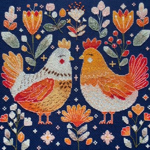 Cross Stitch Kit Hen Friends, Birds Embroidery, Colorful Flowers Embroidery