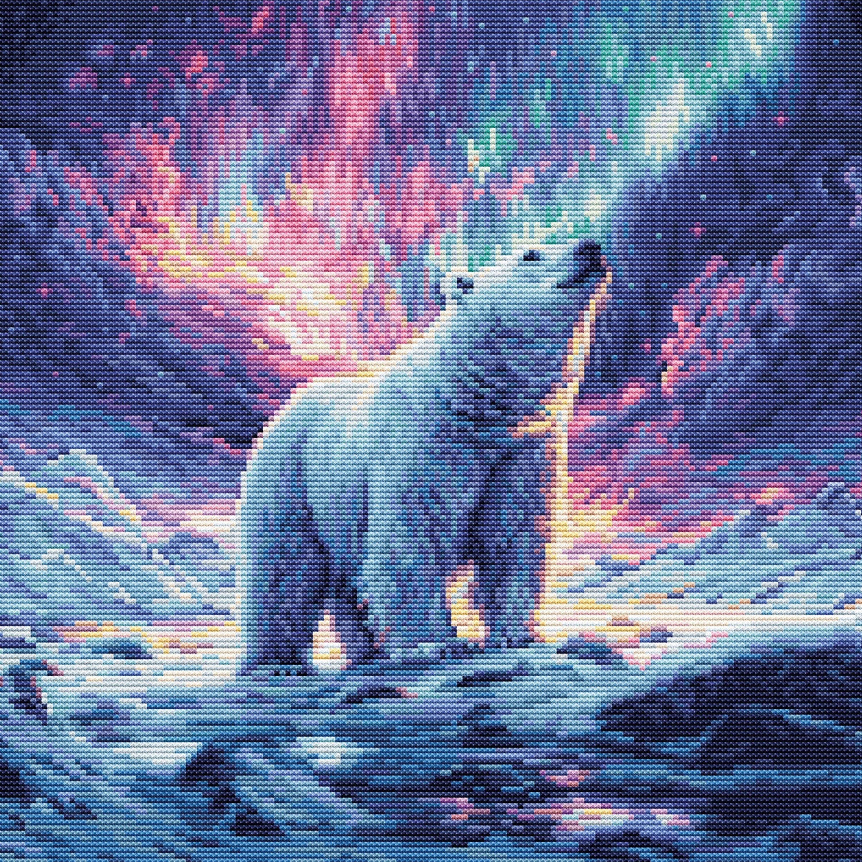 Cross Stitch Kit Northern Lights, Polar Icy Landscapes, White Bear