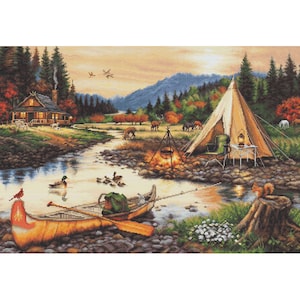 Cross Stitch Kit Gold Creek, Forest Landscape, Mountain Embroidery, Colorful Forest Animals