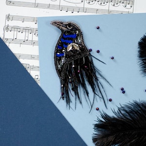 Bead Embroidery Kit Raven Brooch, Beaded Black Raven, Bird Embroidery, DIY Halloween Accessory, Gothic Art