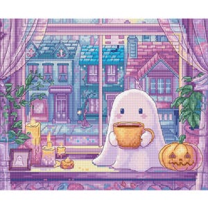 May include: A cross-stitch design featuring a friendly ghost holding a gold mug, with a carved pumpkin and a cityscape visible through a window. The color palette includes shades of purple, blue, and yellow.