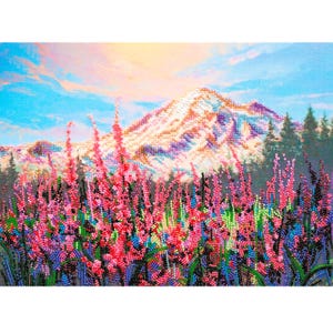 May include: A diamond painting depicting a mountain scene with a field of pink flowers. The snow-capped mountain is set against a blue and pink sky. The foreground features vibrant pink and red flowers, creating a colourful landscape.