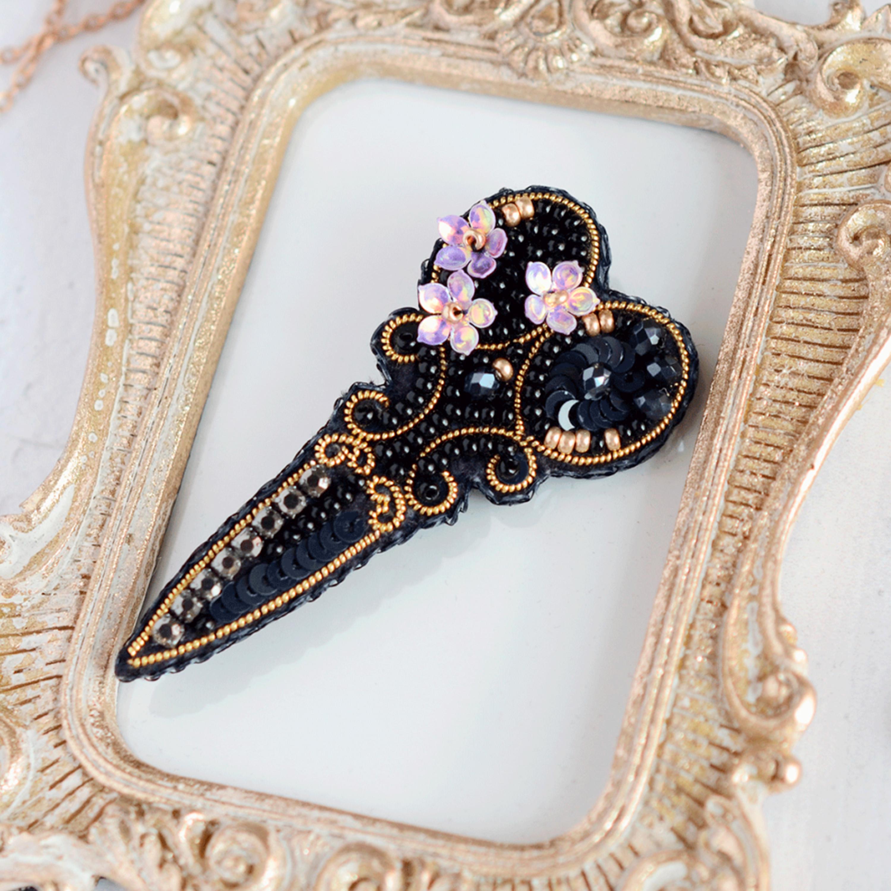 ビーズ刺繍キット ブラックハサミブローチ、ハサミ刺繍、DIYビーズ