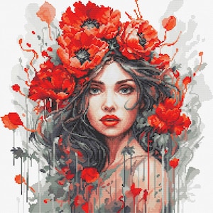 May include: A woman with long dark hair wears a crown of red poppies. The flowers are vibrant and detailed, with a white background.