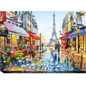 May include: A colourful painting depicting a Parisian street scene with the Eiffel Tower in the background. The street is lined with shops and cafes, and there are people walking and sitting at tables. The painting is done in a realistic style and features a variety of colours.