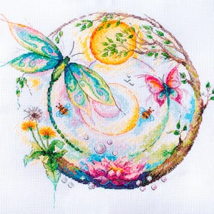 Cross Stitch Kit Color Magic, Spring Landscape, Insect Embroidery, Colorful Dragonfly, Blooming Flowers, Butterfly Embroidery, Honey Bees