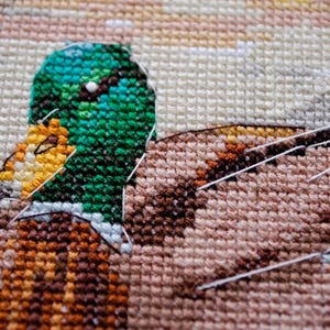May include: Close-up of a cross-stitch embroidery of a green and brown duck. The duck is stitched with white thread and has a detailed design.