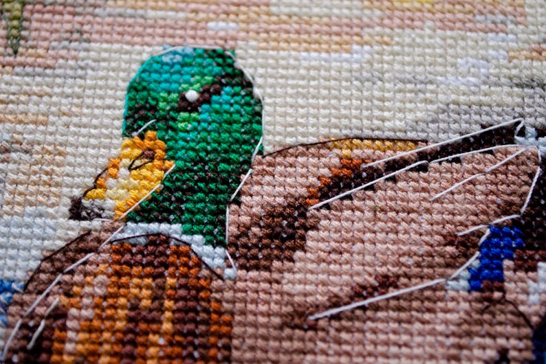 May include: Close-up of a cross-stitch embroidery of a green and brown duck. The duck is stitched with white thread and has a detailed design.