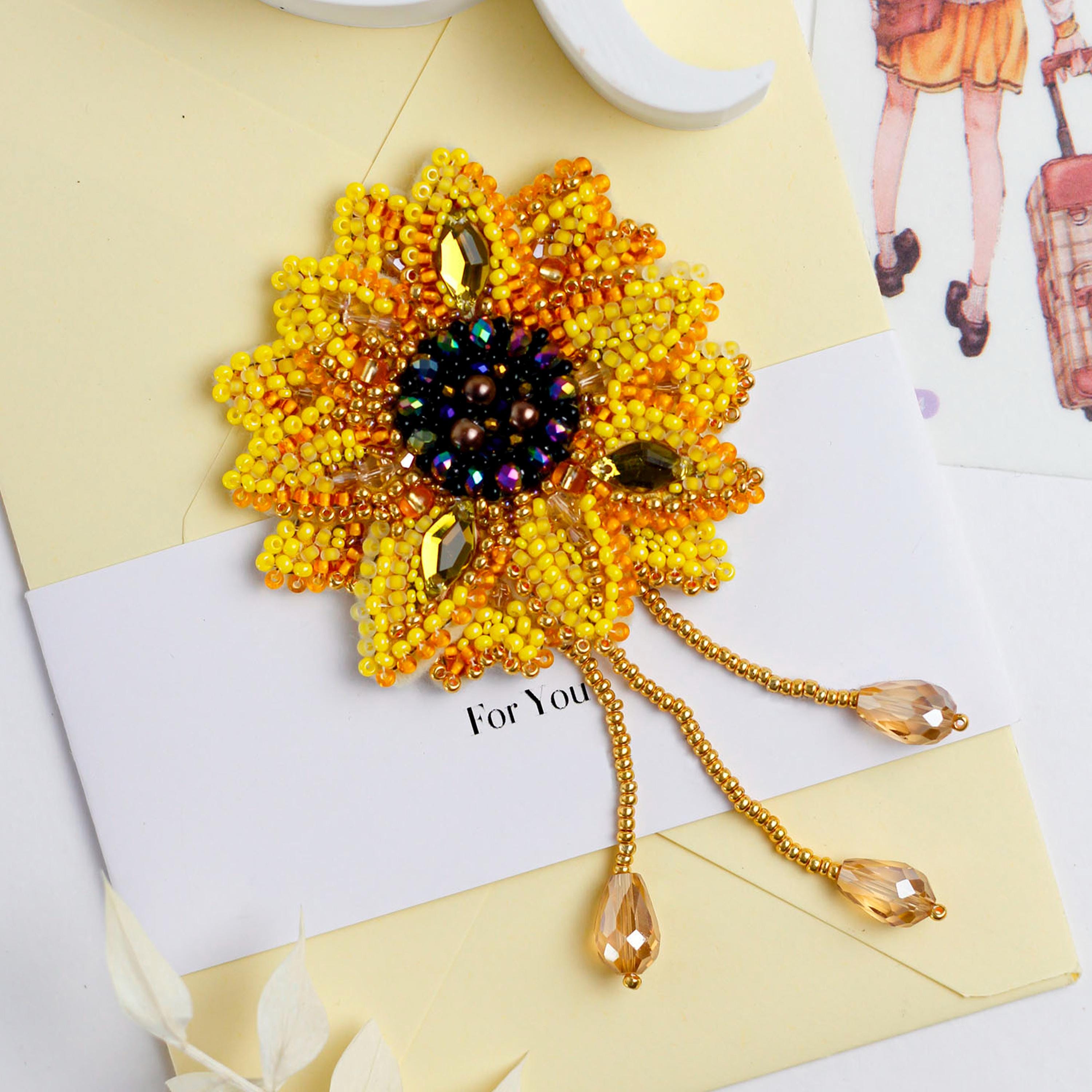 Bead Embroidery Kit Sunflower Brooch, Sunflower Embroidery, Beaded Yellow Sunflower, DIY Colorful Brooch
