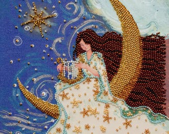Bead Embroidery Kit Andromeda, Celestial Harpist, DIY Beaded Moon